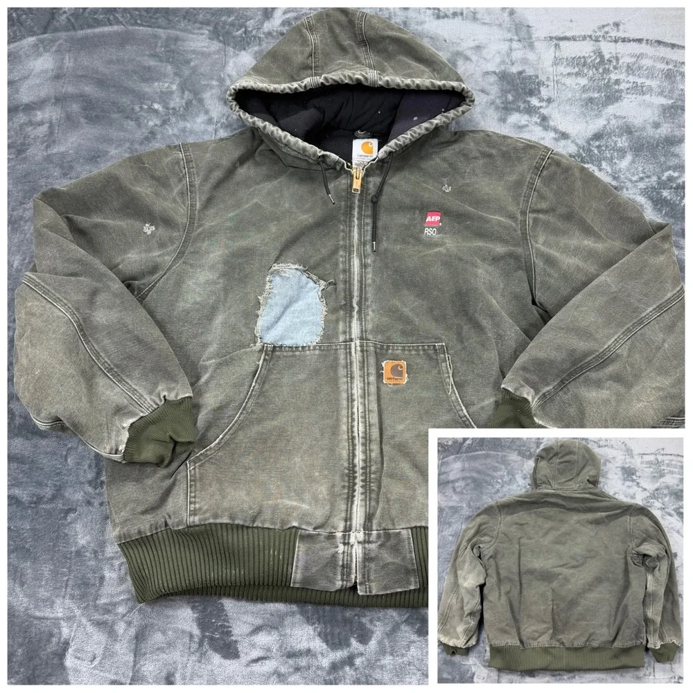 VTG Carhartt J130 MOS Fade Distressed Moss Green Jacket Mens XL Quilt Lined Hood